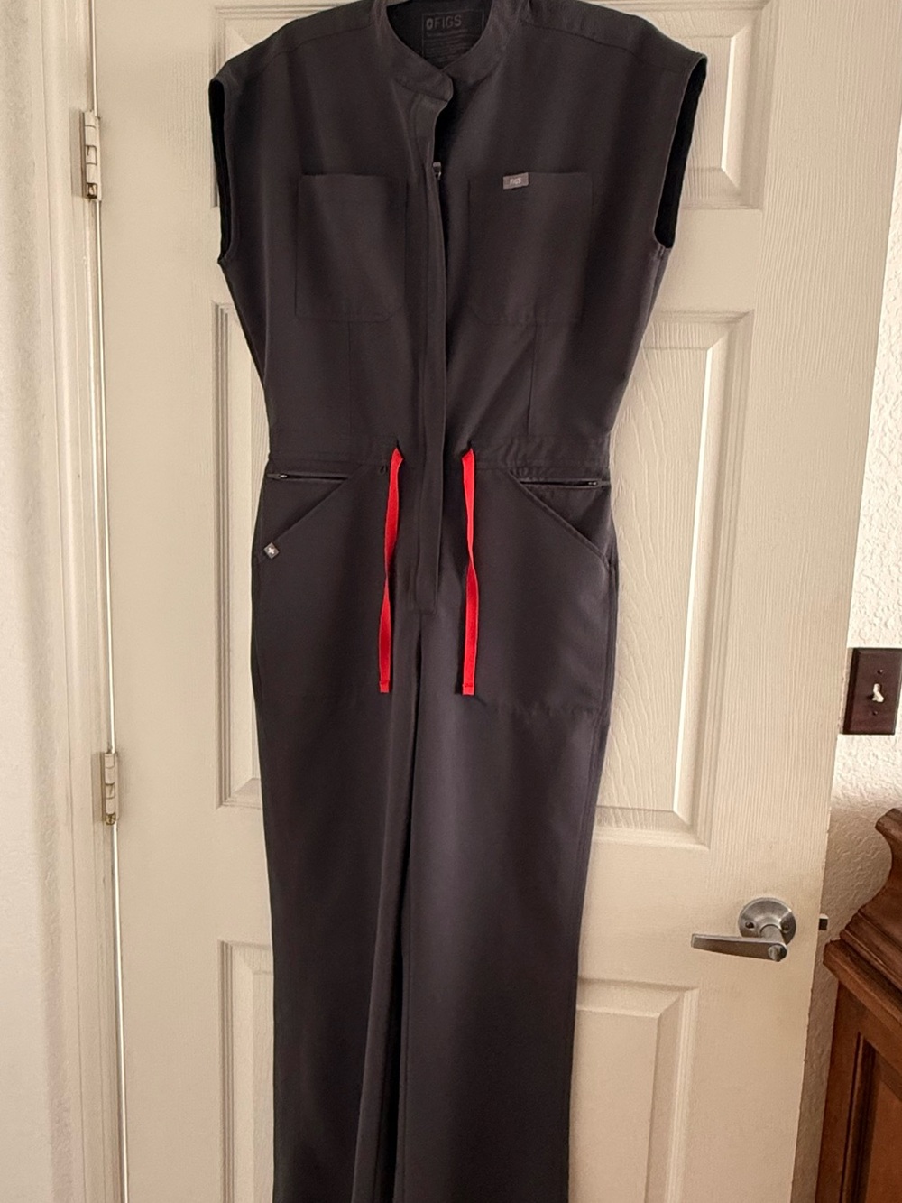 Figs Black Wide-Leg Jumpsuit with Red Drawstring